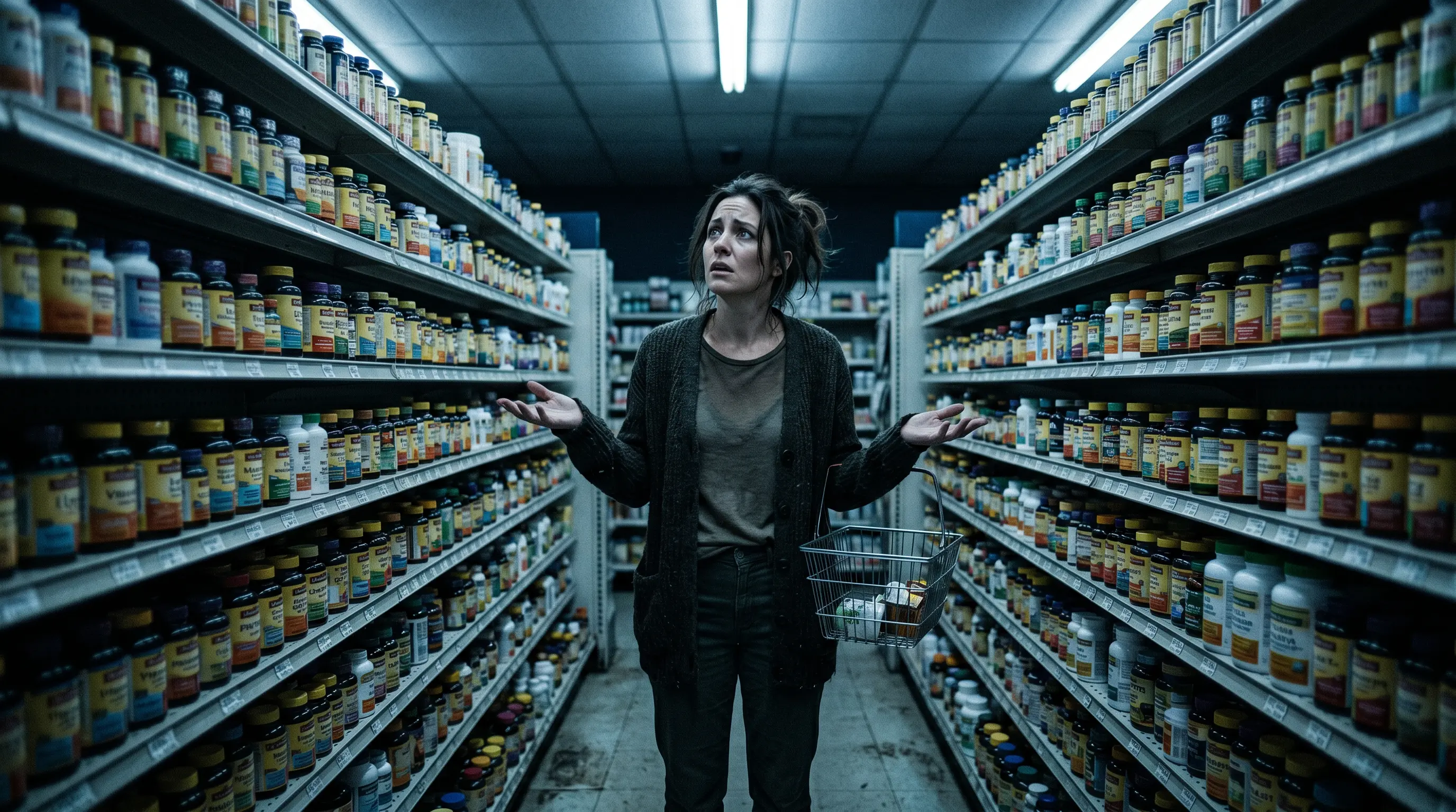 Person overwhelmed by supplement choices in pharmacy aisle